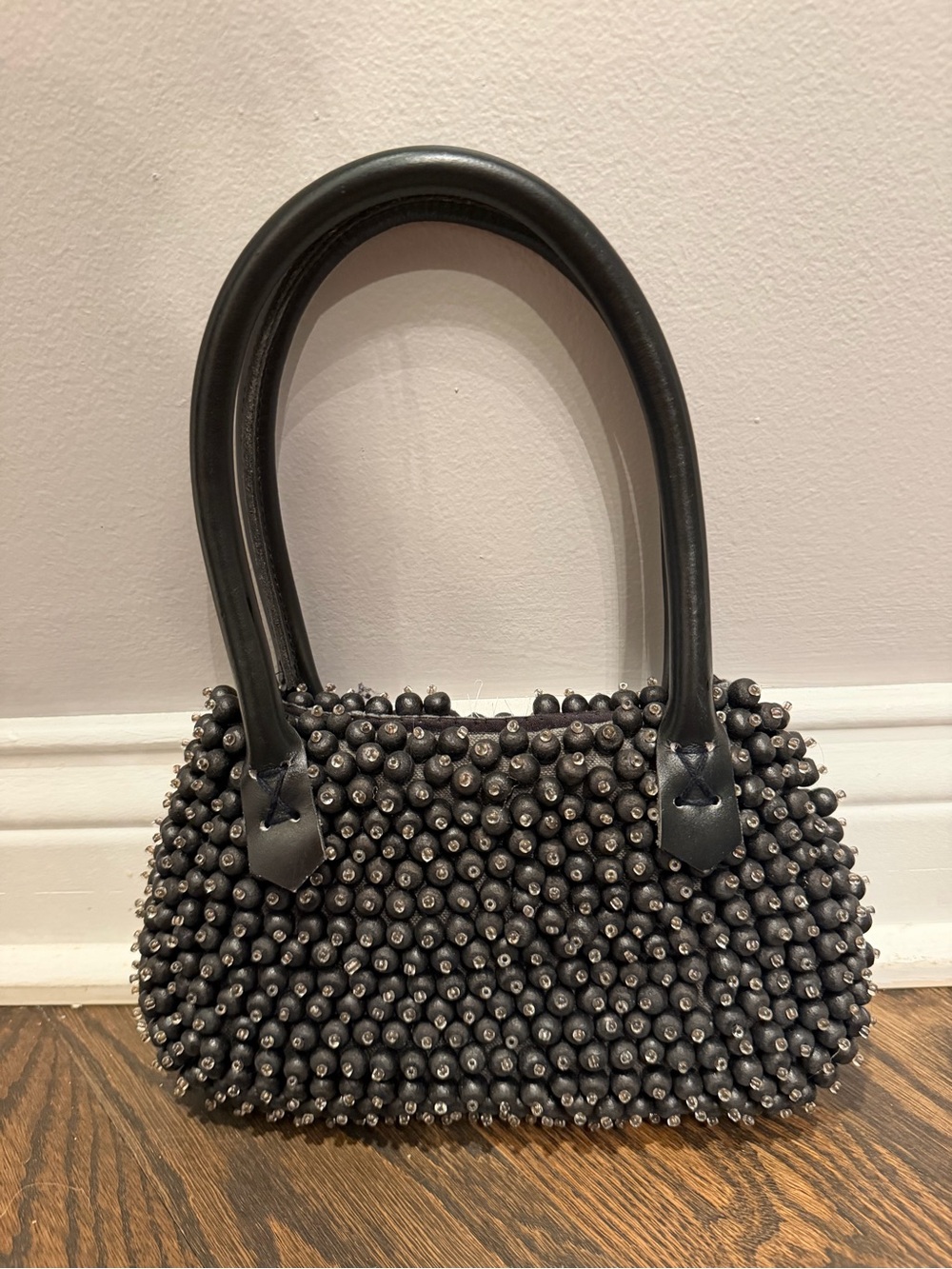Black Beaded Accent Women's mini Handbag leather Handles Wooden beads